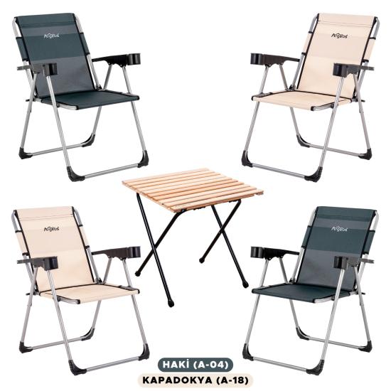 4 Adet Katlanır Kamp Sandalyesi ve Masa Seti - Rock - Haki / Kapadokya - Bardaklıklı - 140 KG