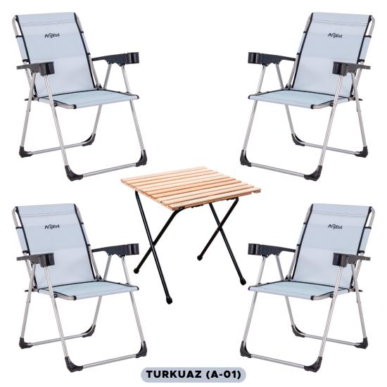 4 Adet Katlanır Kamp Sandalyesi ve Masa Seti - Rock - Turkuaz - Bardaklıklı - 140 KG