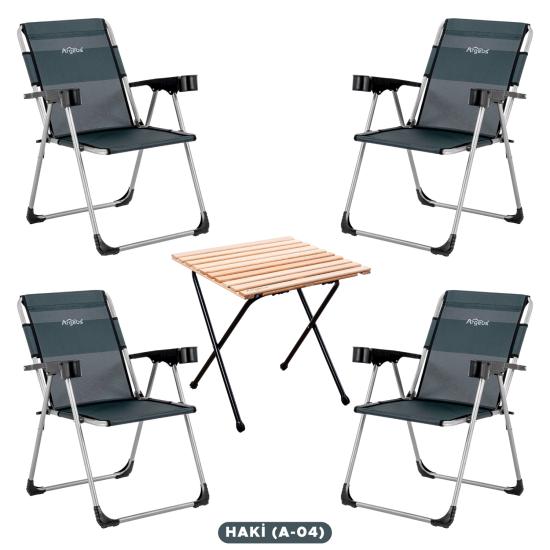 4 Adet Katlanır Kamp Sandalyesi ve Masa Seti - Rock - Haki - Bardaklıklı - 140 KG