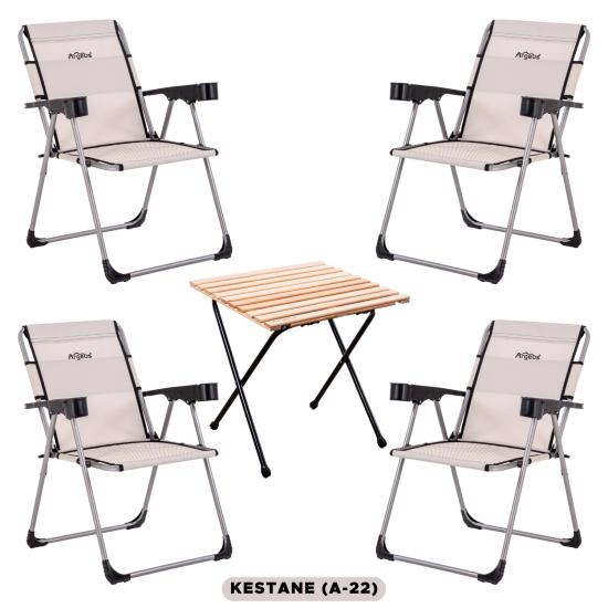 4 Adet Katlanır Kamp Sandalyesi ve Masa Seti - Rock - Kestane - Bardaklıklı - 140 KG