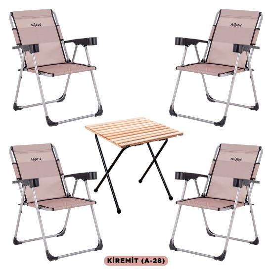 4 Adet Katlanır Kamp Sandalyesi ve Masa Seti - Rock - Kiremit - Bardaklıklı - 140 KG