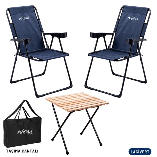 2 Adet Katlanır Kamp Sandalyesi ve Masa Seti - Rest - Taşıma Çantalı - Lacivert - 130 KG Taşıma