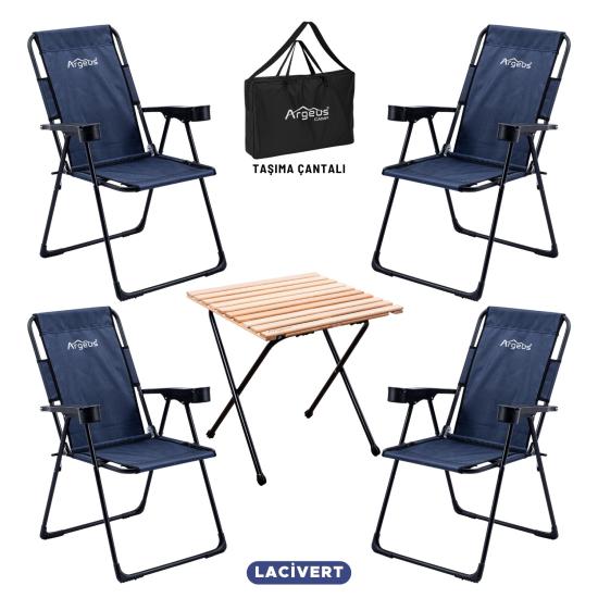 4 Adet Katlanır Kamp Sandalyesi ve Masa Seti - Rest - Taşıma Çantalı - Lacivert - 130 KG Taşıma